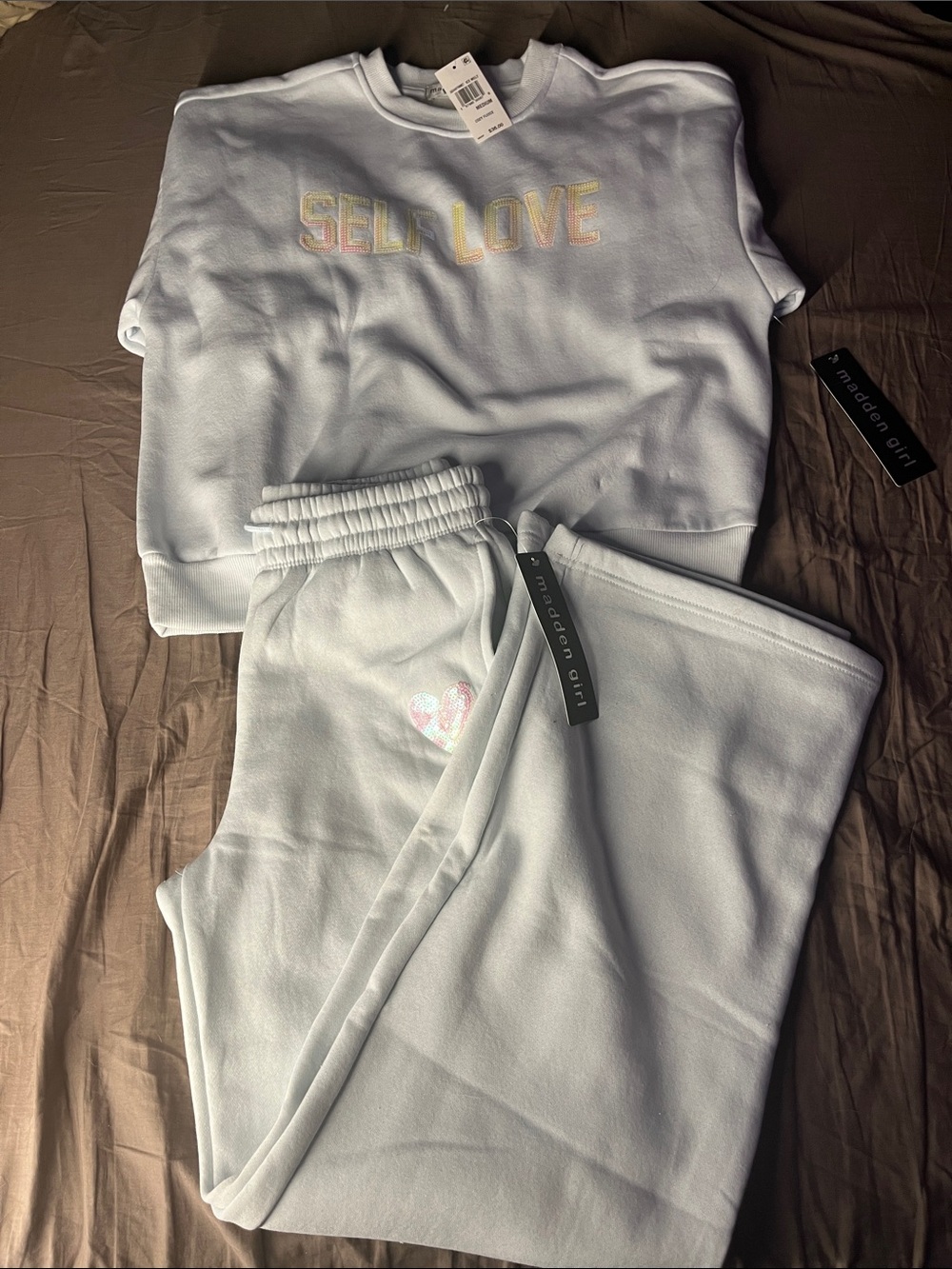 Madden Girl Kids White Sweatshirt & Sweatpants Set with Pastel 'Self Love'